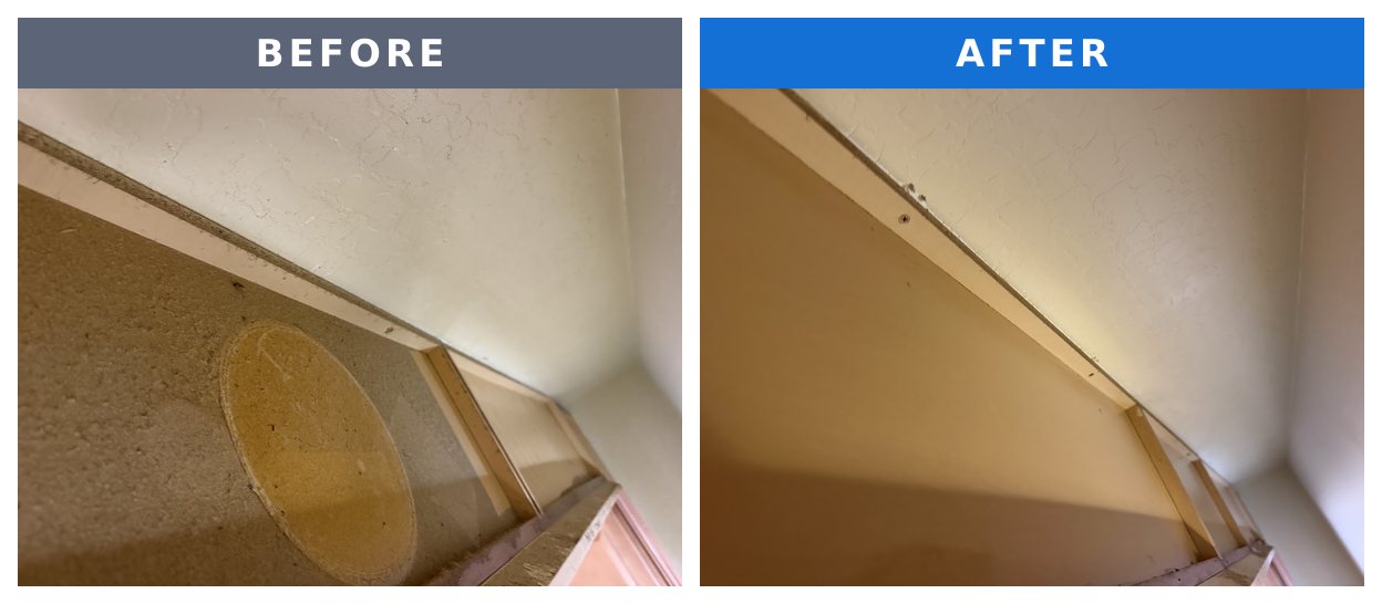 Before and after: the top of a cabinet covered in thick dust with a round mark, next to the same cabinet top wiped clean