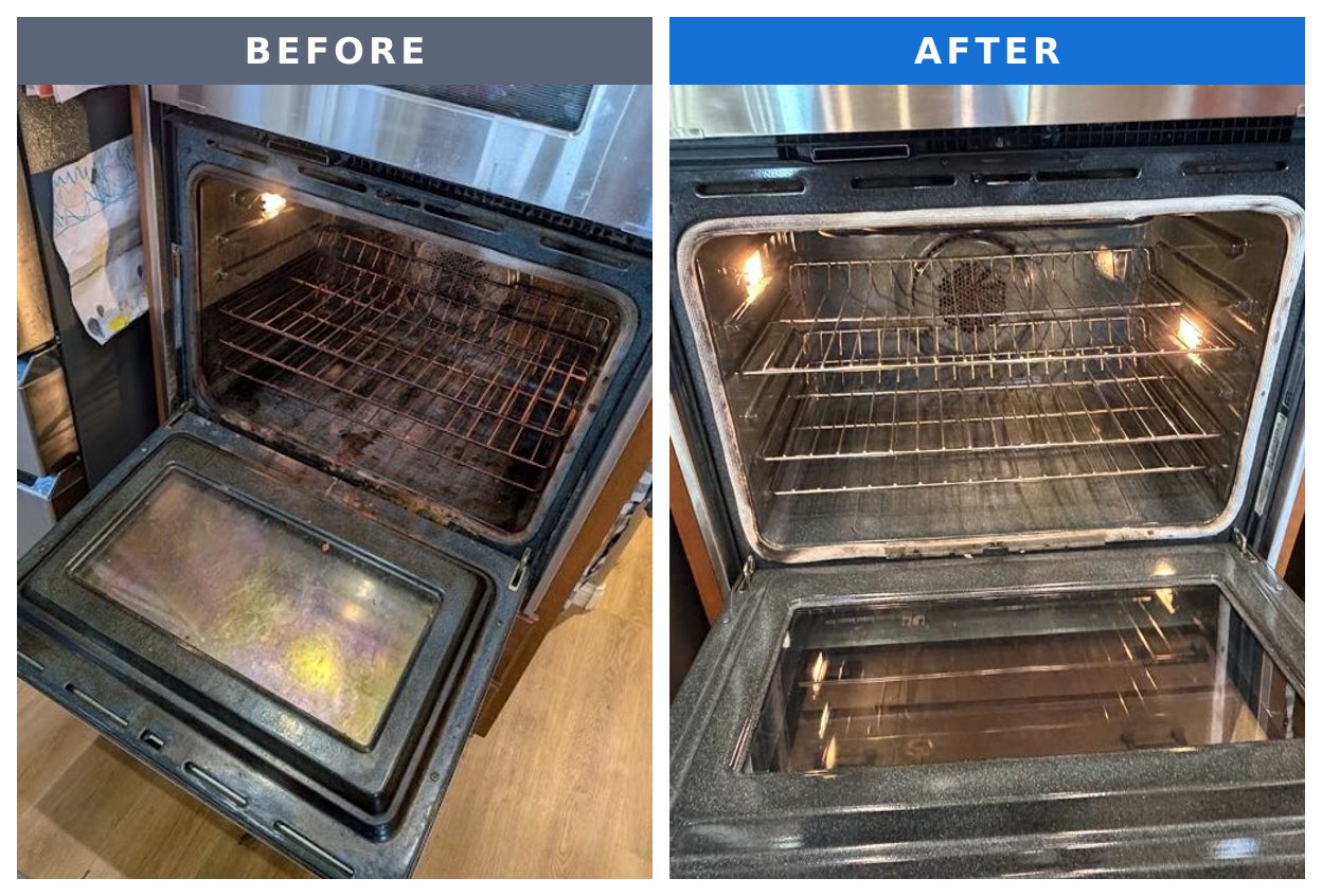 Before and after: a greasy, stained oven next to the same oven cleaned, with clear door glass and bright racks